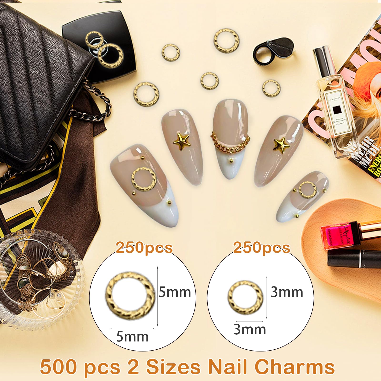 Gadjica three dimensional manicure kit detailing the precise round shape and sleek gold metallic texture.
