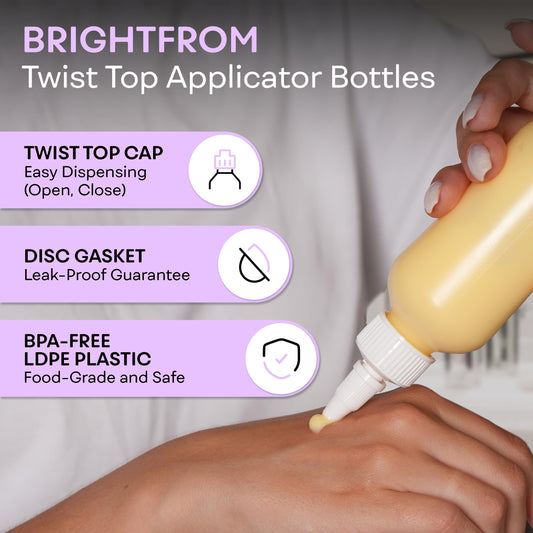BRIGHTFROM four ounce squeeze bottles showing the leakproof open and close white nozzle mechanism