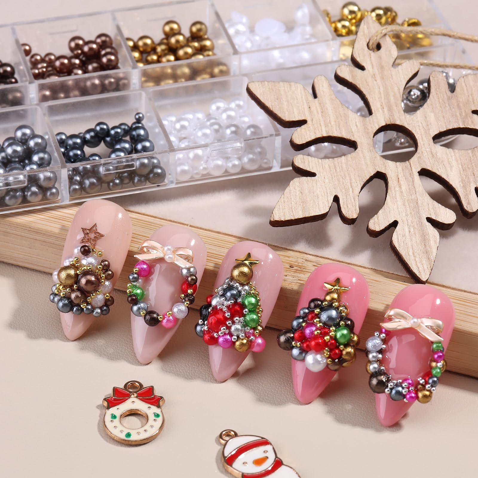 Mixed size round pearls and alloy steel ball studs showcasing different dimensions for DIY crafts