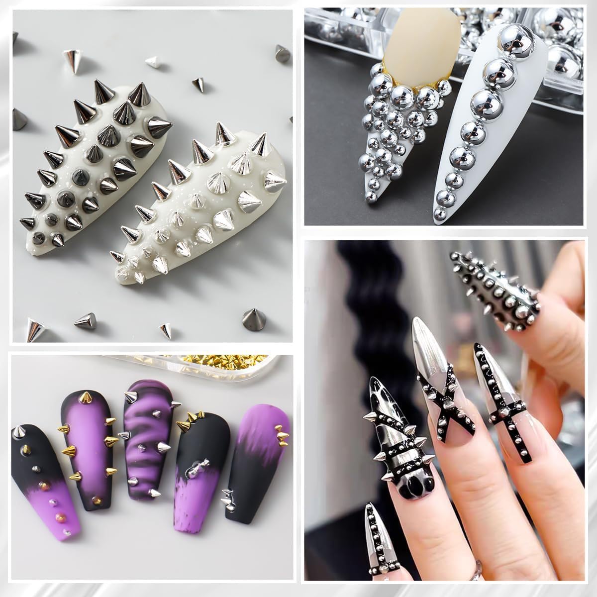 Close up of gold black and silver nail rivets
