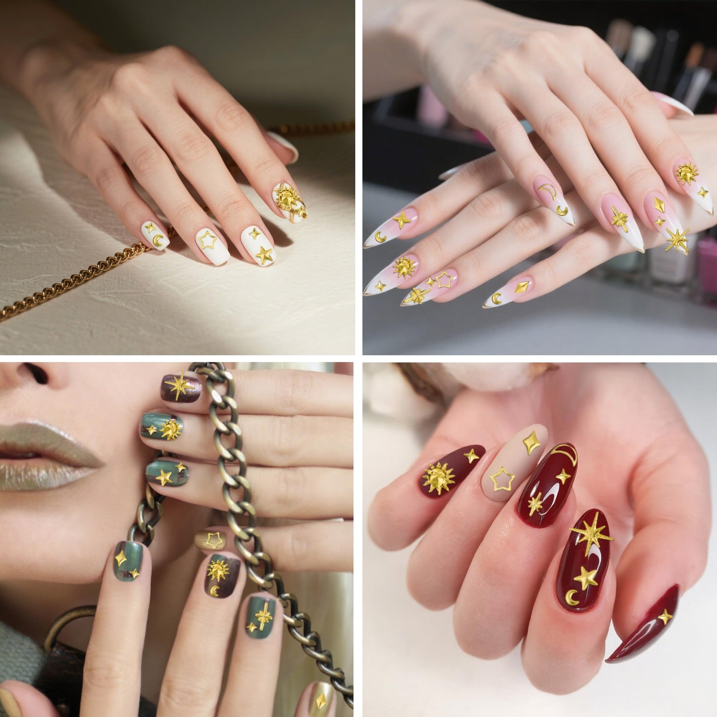 Creative DIY application of gold metal nail charms on acrylic nails