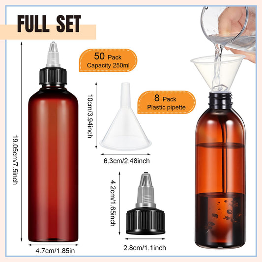 Twelve pack of empty refillable eight ounce hair oiling squeeze containers with two translucent plastic filling funnels