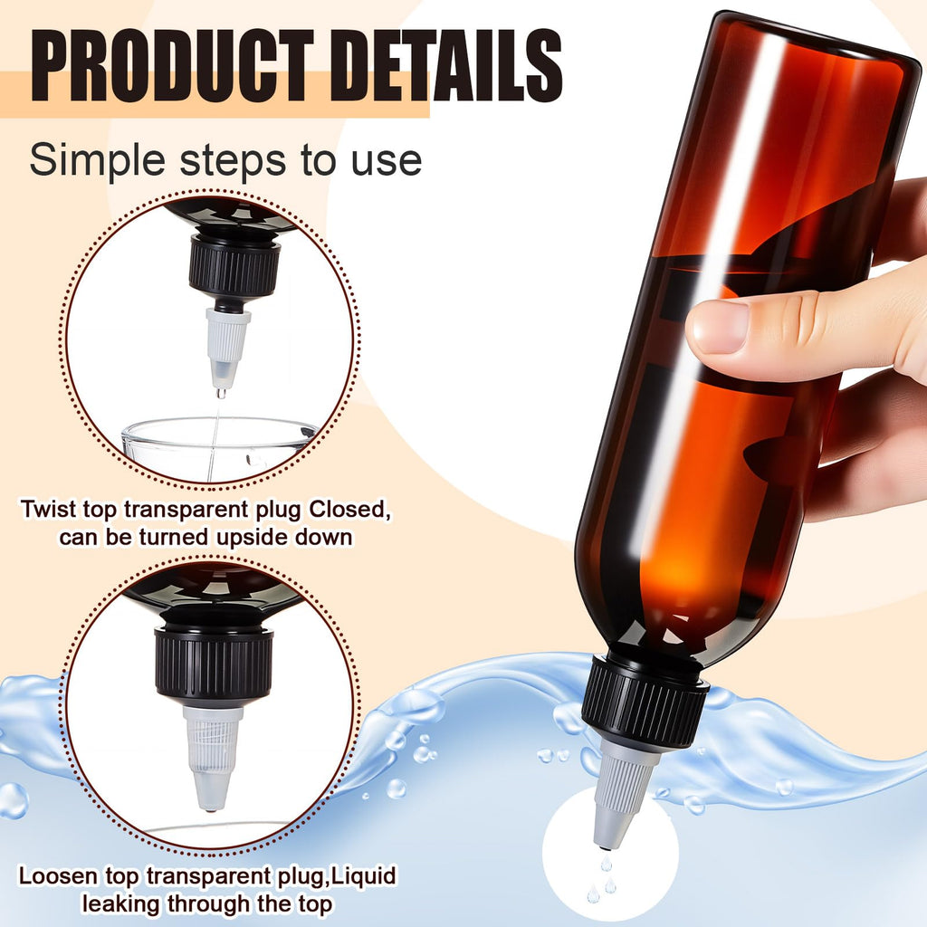 Close up view of the black adjustable open and close twist top nozzle cap on an amber plastic bottle