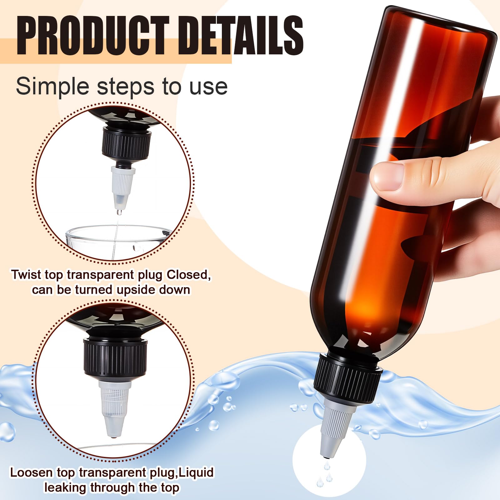 Close up view of the black adjustable open and close twist top nozzle cap on an amber plastic bottle
