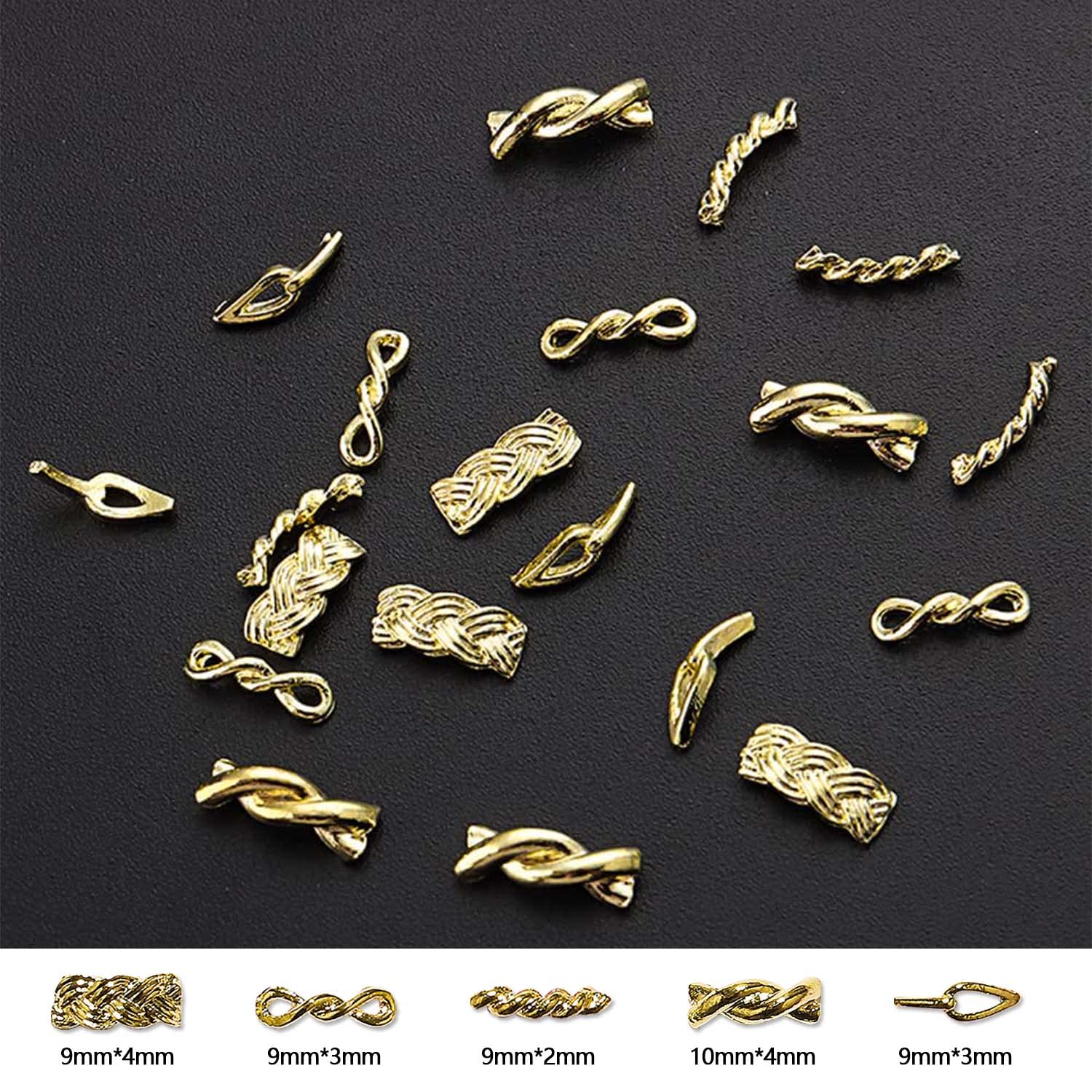 Assorted 3D metal twist braided rings and hollow out woven studs for punk style nail art decoration.