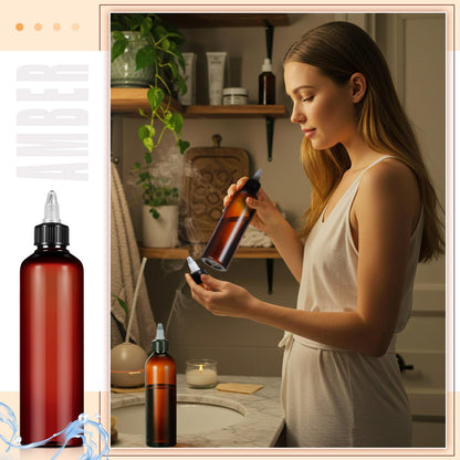 Side view of multiple eight ounce amber hair oil dispenser bottles lined up to show translucent content level visibility