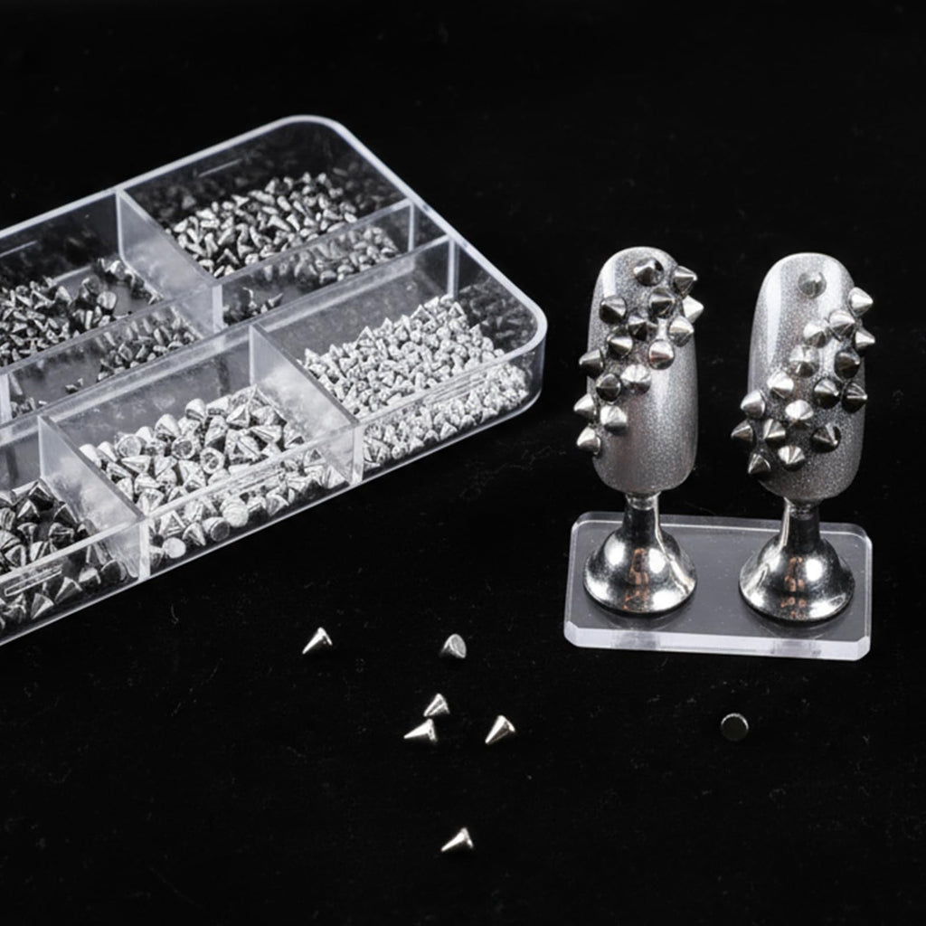 Close-up of black and silver 3D metal cone spikes and rivet studs