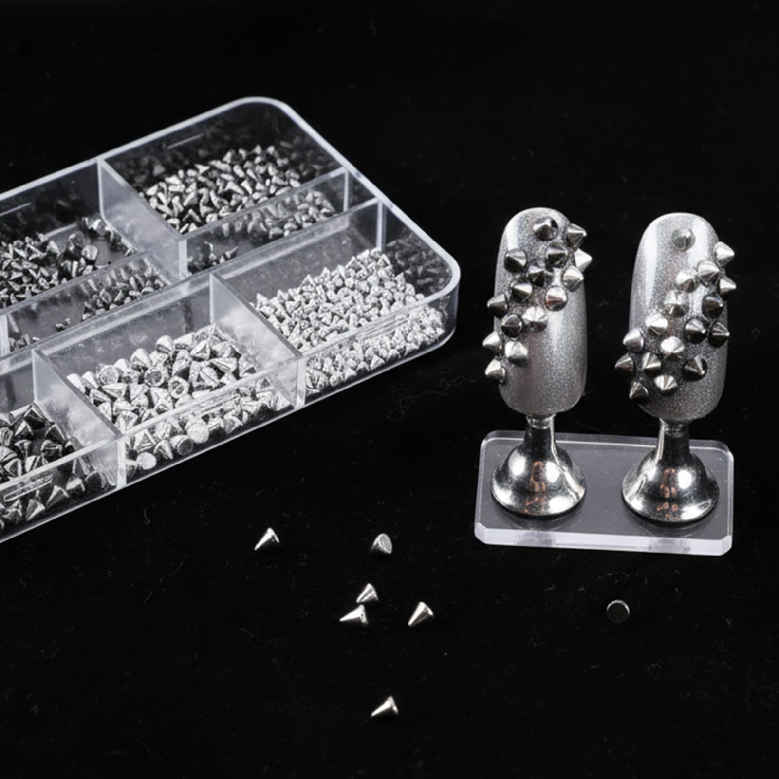 Close up of 3D punk style metal spikes for nail art