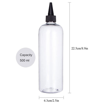 Two pack of transparent plastic squeeze bottles for hair oiling and salon chemical dispensing