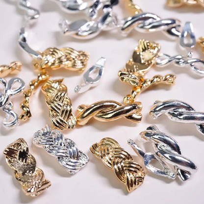 Tarnish resistant gold alloy nail studs showing the intricate textured hollow weave patterns from multiple angles.