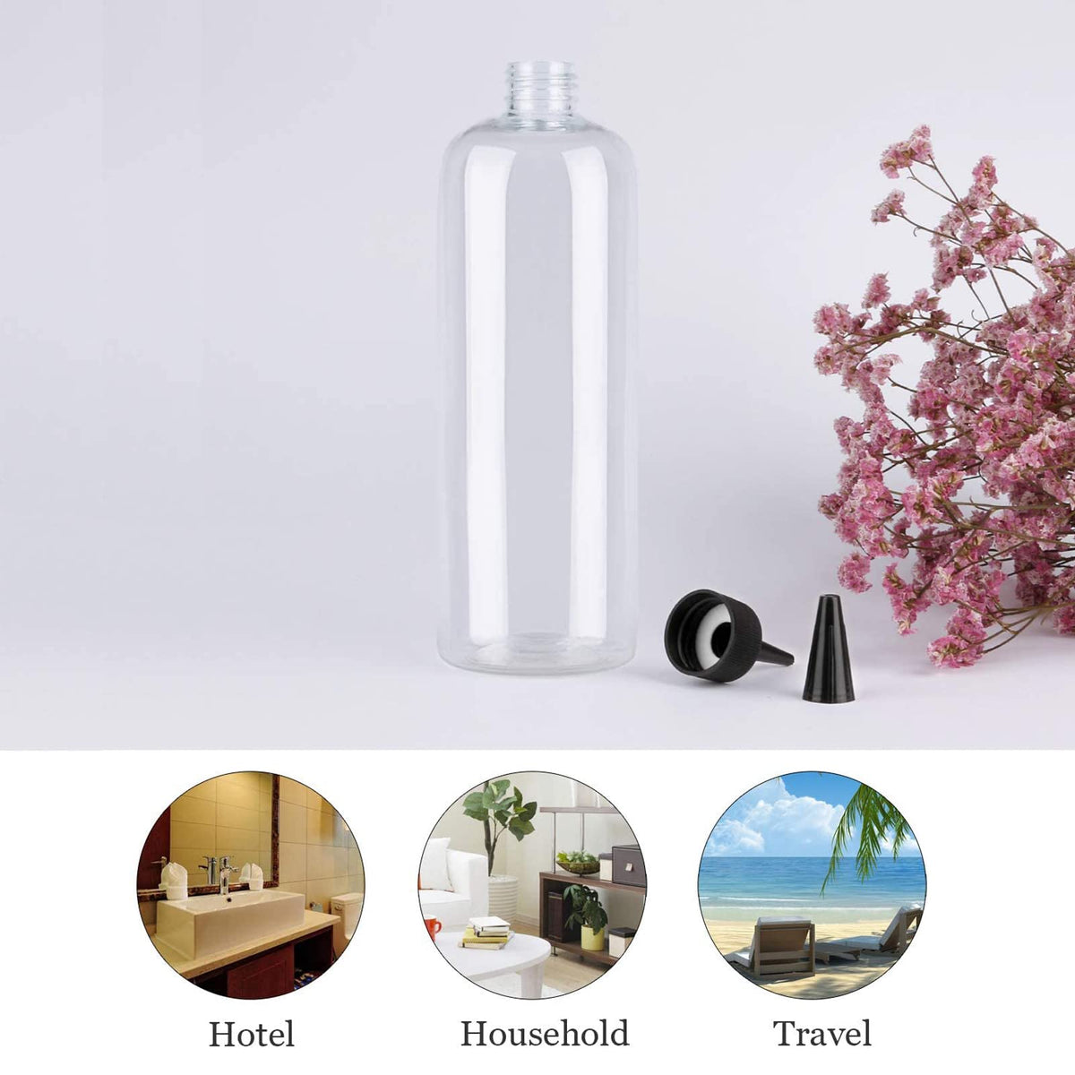 Clear hair product squeeze bottle with measurements being handled for precise dye mixing