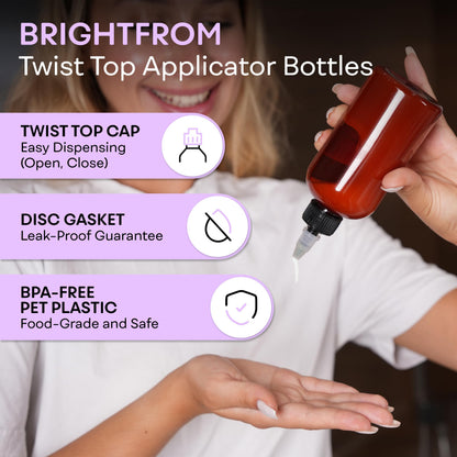 Close up view of the leakproof black twist open and close dispensing nozzle on the amber plastic bottle.