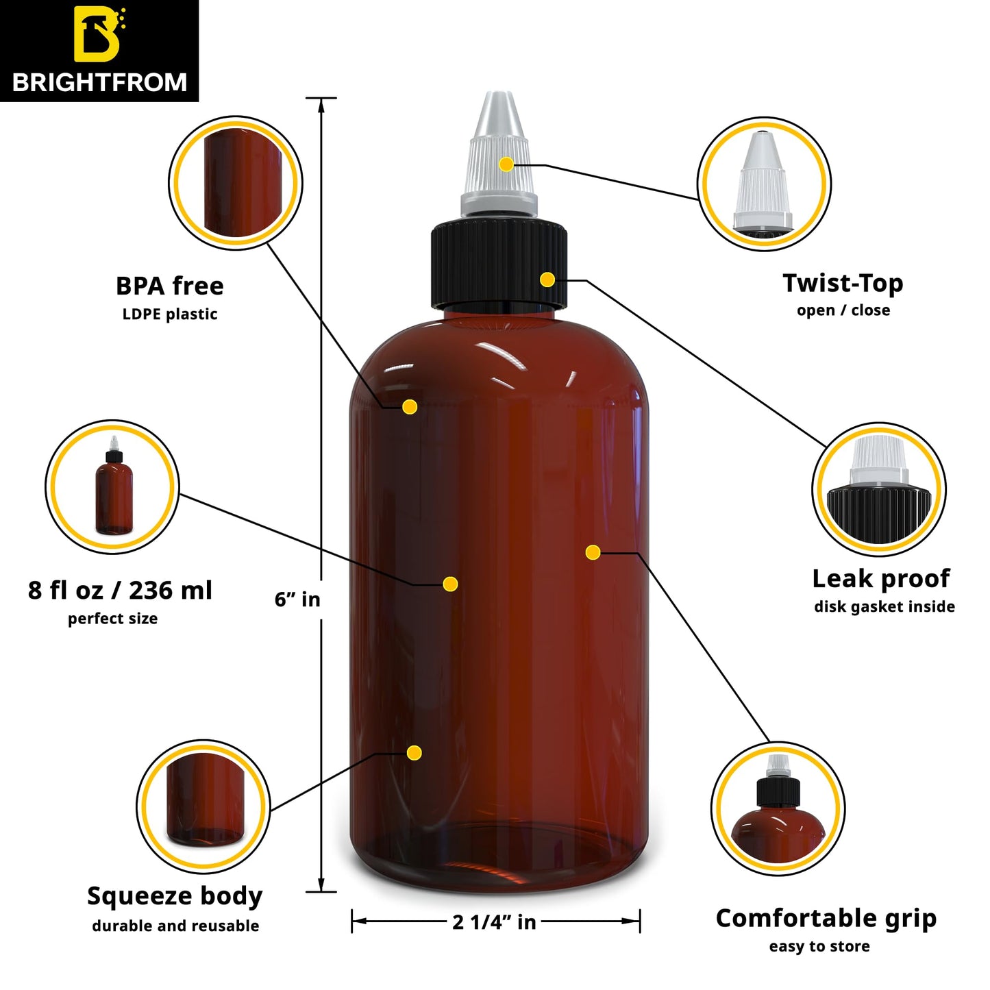Two pack of BRIGHTFROM amber PET plastic squeeze bottles highlighting the UV protective semi transparent design.