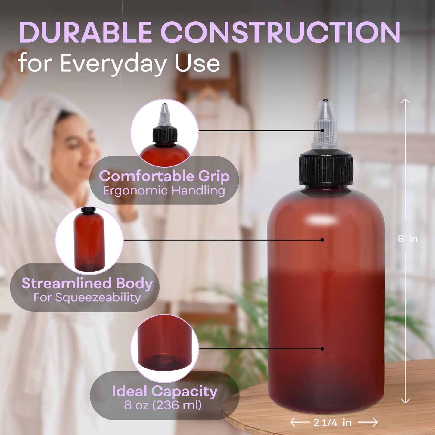 Ergonomic round amber plastic applicator bottle being held to demonstrate the easy squeeze flexibility for hair oil distribution.
