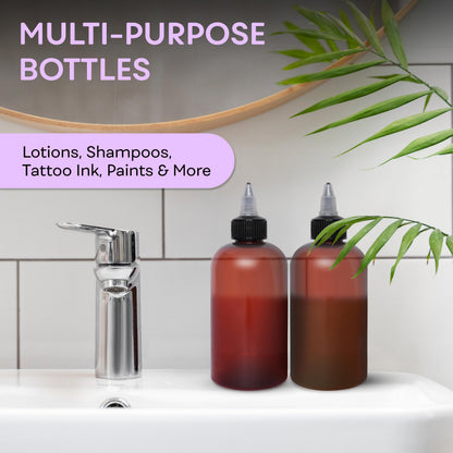 Side by side arrangement of the refillable 8 Ounce BPA free empty personal care containers from the USA.