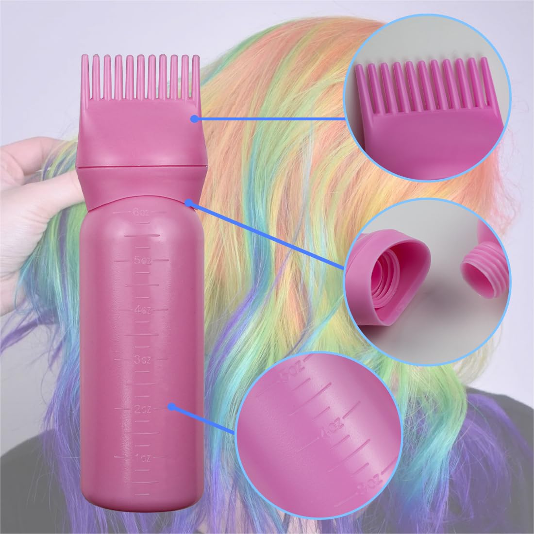 Side profile of the FZWONVUC six ounce root comb bottle highlighting the clear graduated measurement scale for hair dye mixing