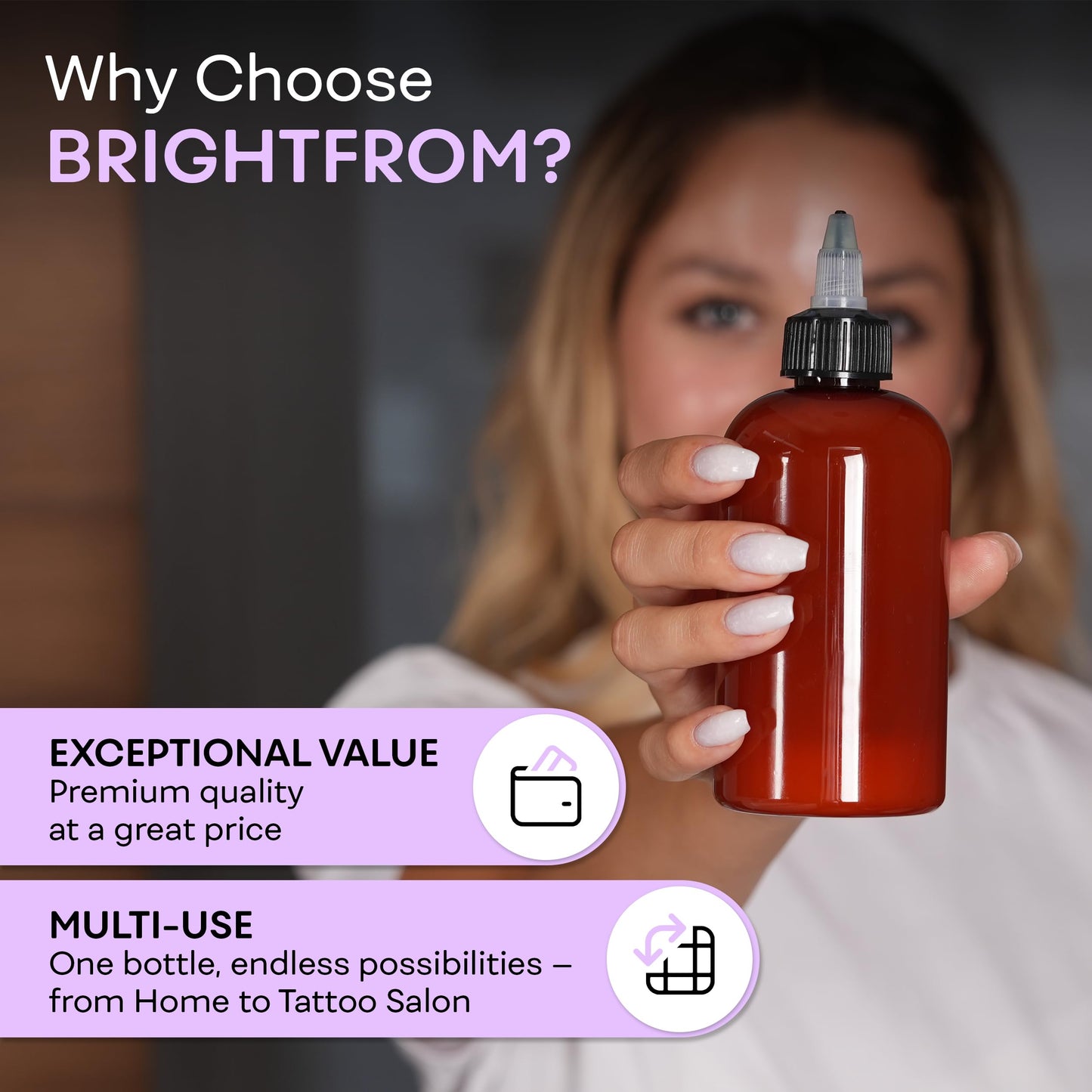 BRIGHTFROM multi purpose amber squeeze bottle package highlighting the premium imported build quality for salon use.