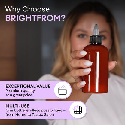 BRIGHTFROM multi purpose amber squeeze bottle package highlighting the premium imported build quality for salon use.