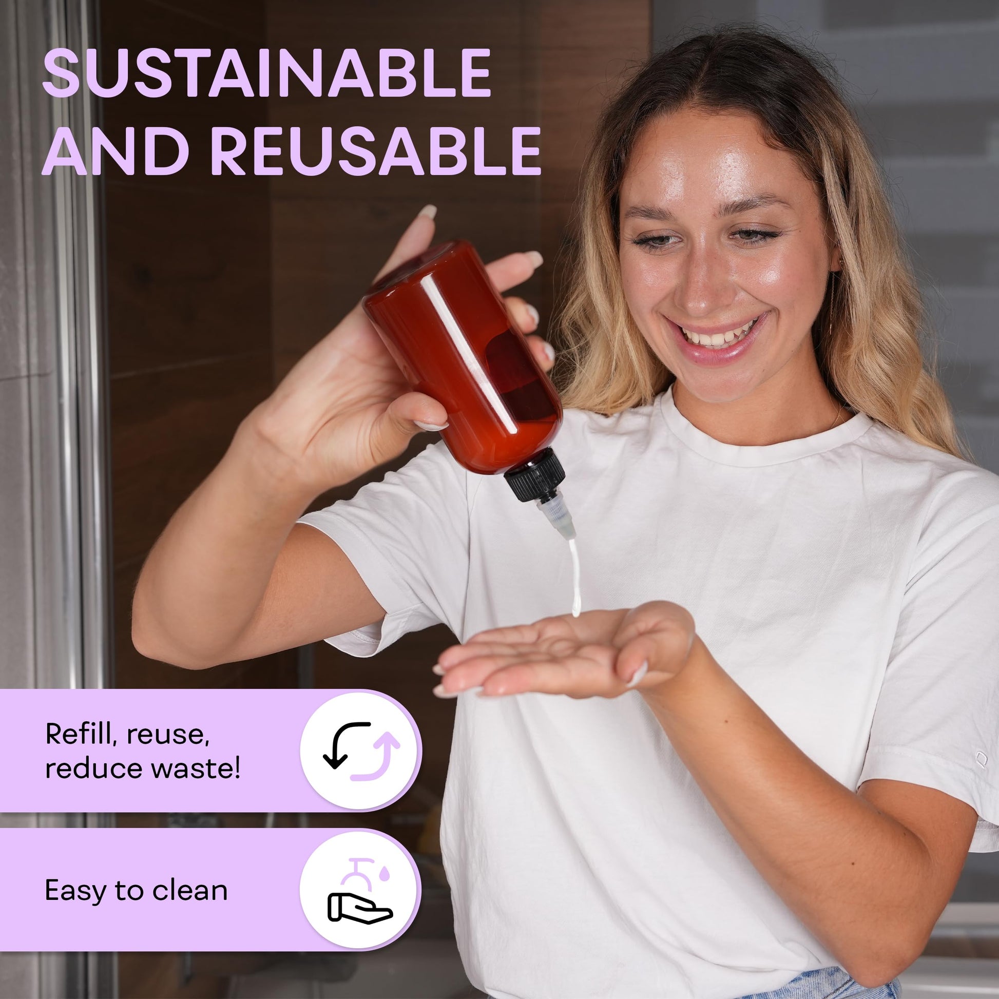 Full commercial display of the two piece refillable amber plastic bottle set showing detailed dimensions and cap structure.