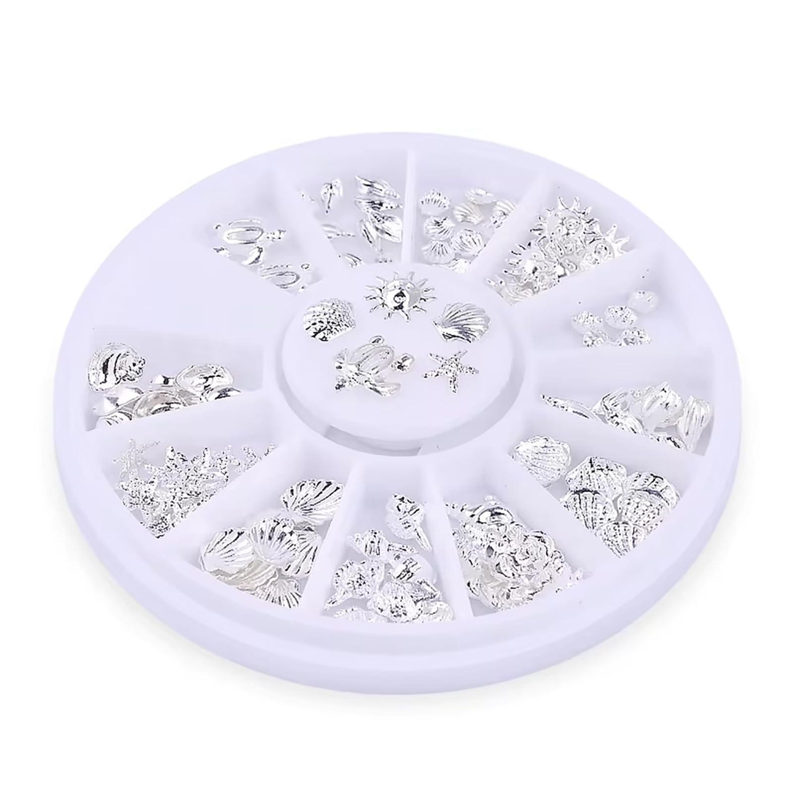 Premium silver metallic 3D nail art embellishments featuring realistic ocean shells and starfish shapes.