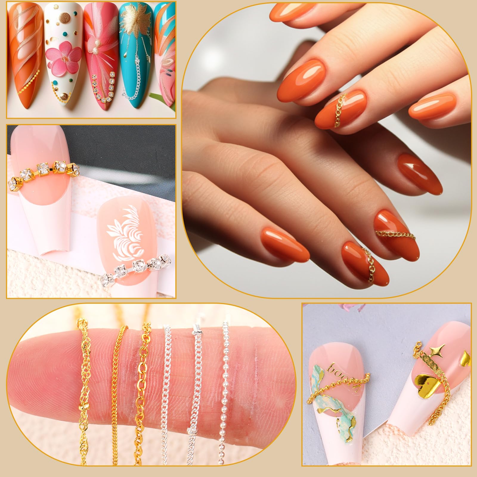 Variety of gold and silver jewelry chains for nail design