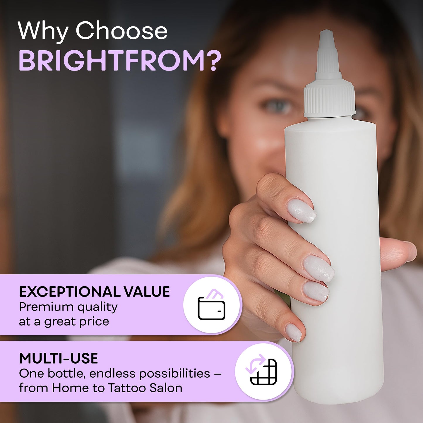 Side view of two BRIGHTFROM multi purpose squeeze containers highlighting the ergonomic easy grip design