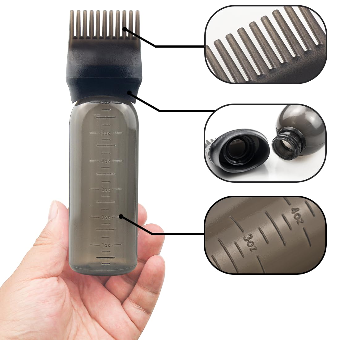 Close up view of the hollow root comb nozzle tip designed for clean and mess free scalp oiling.