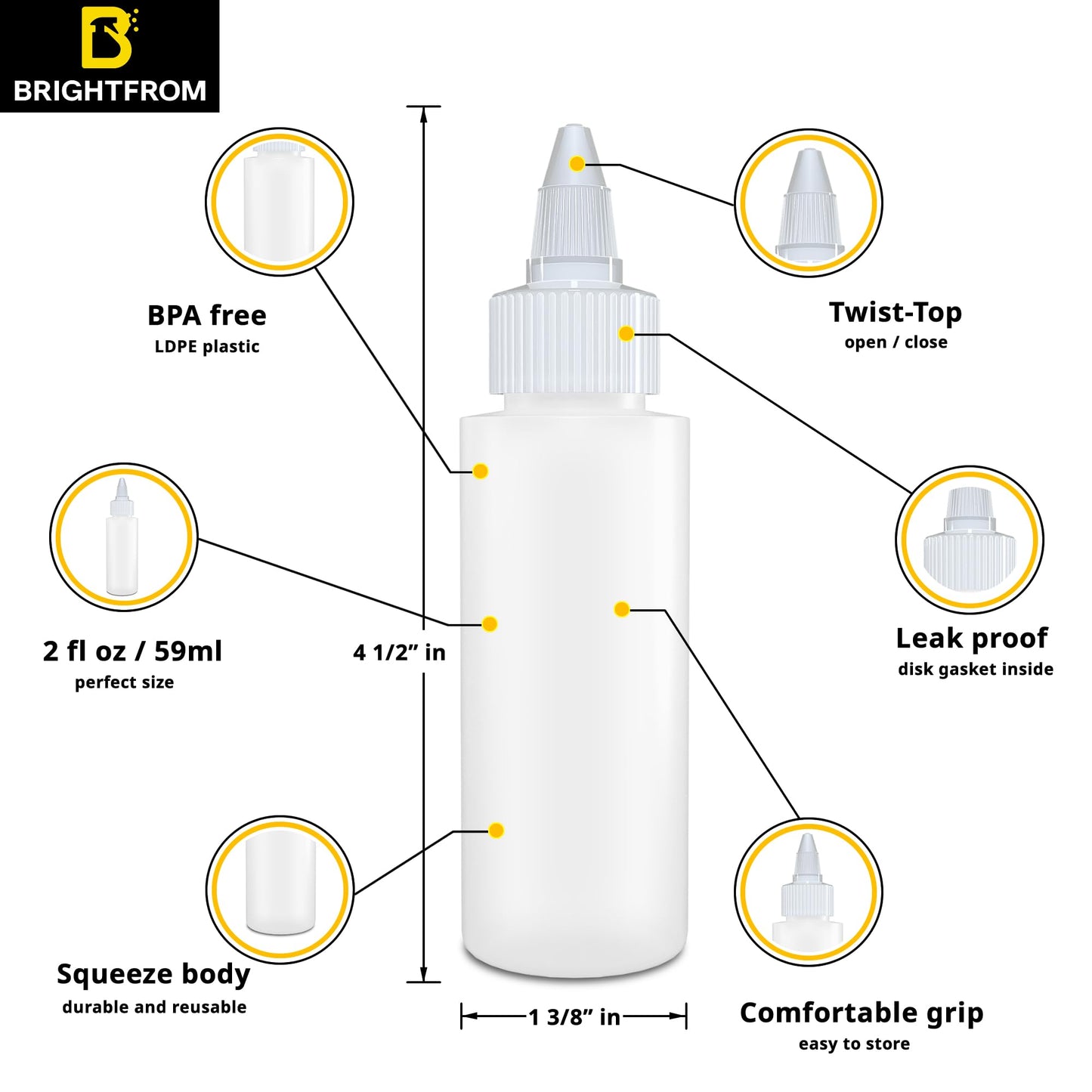 Close up view of the BRIGHTFROM refillable two ounce plastic container emphasizing the open and close leakproof twist nozzle function.