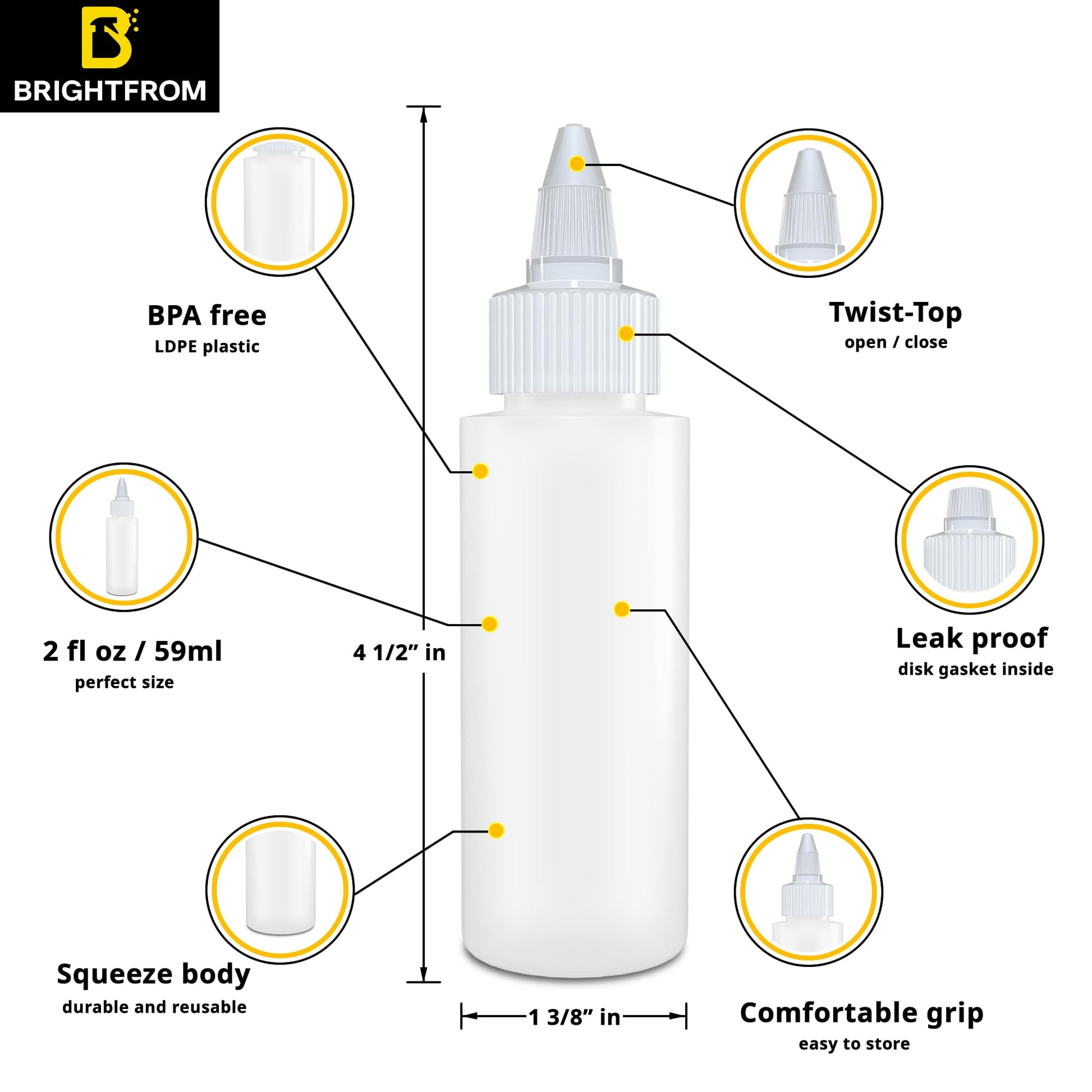 Close up view of the BRIGHTFROM refillable two ounce plastic container emphasizing the open and close leakproof twist nozzle function.