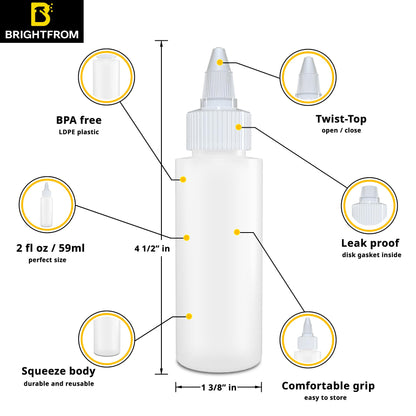 Close up view of the BRIGHTFROM refillable two ounce plastic container emphasizing the open and close leakproof twist nozzle function.