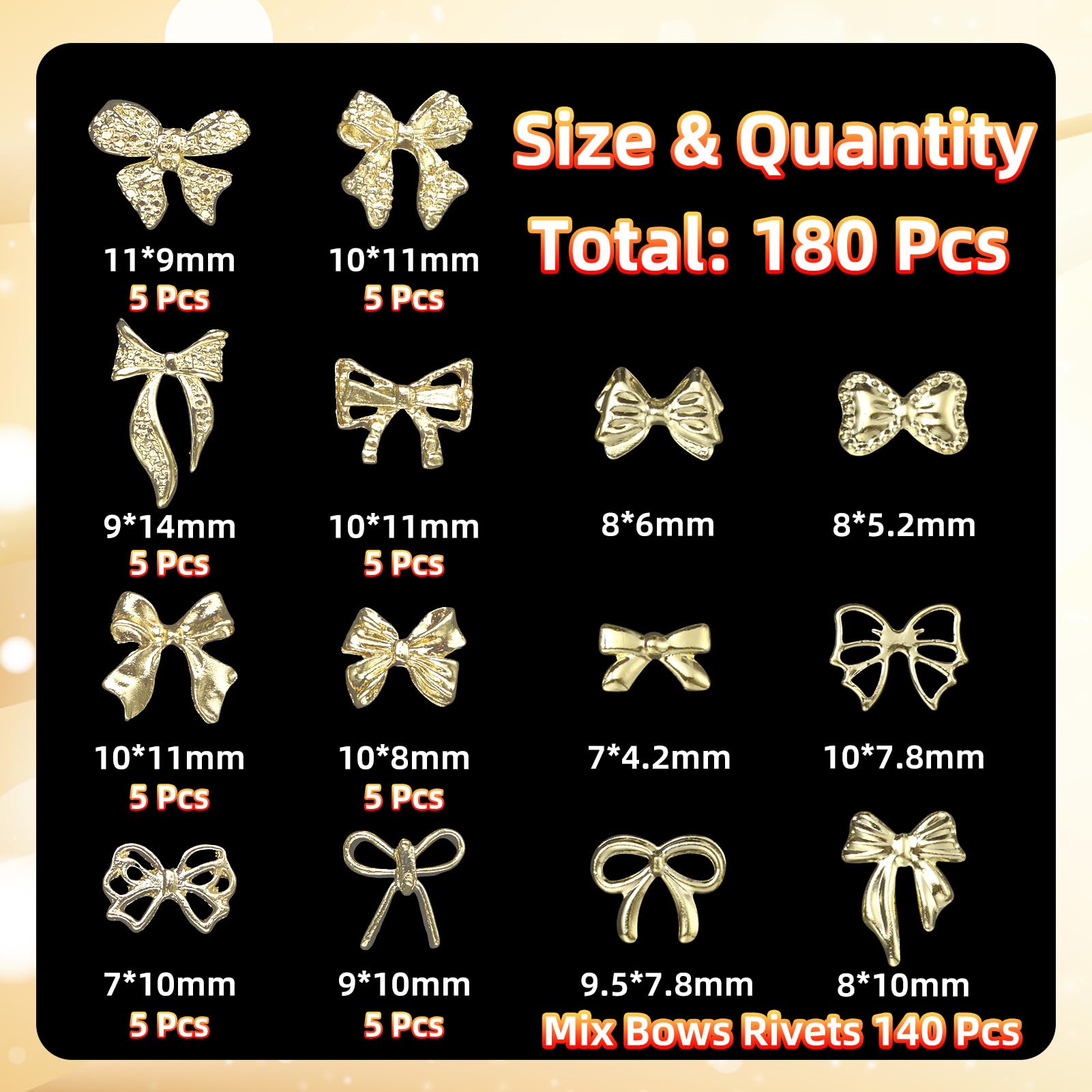 Golden bow nail studs placed on acrylic manicure