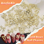 Angle perspective of gold alloy bowknot nail accessories for acrylic nails