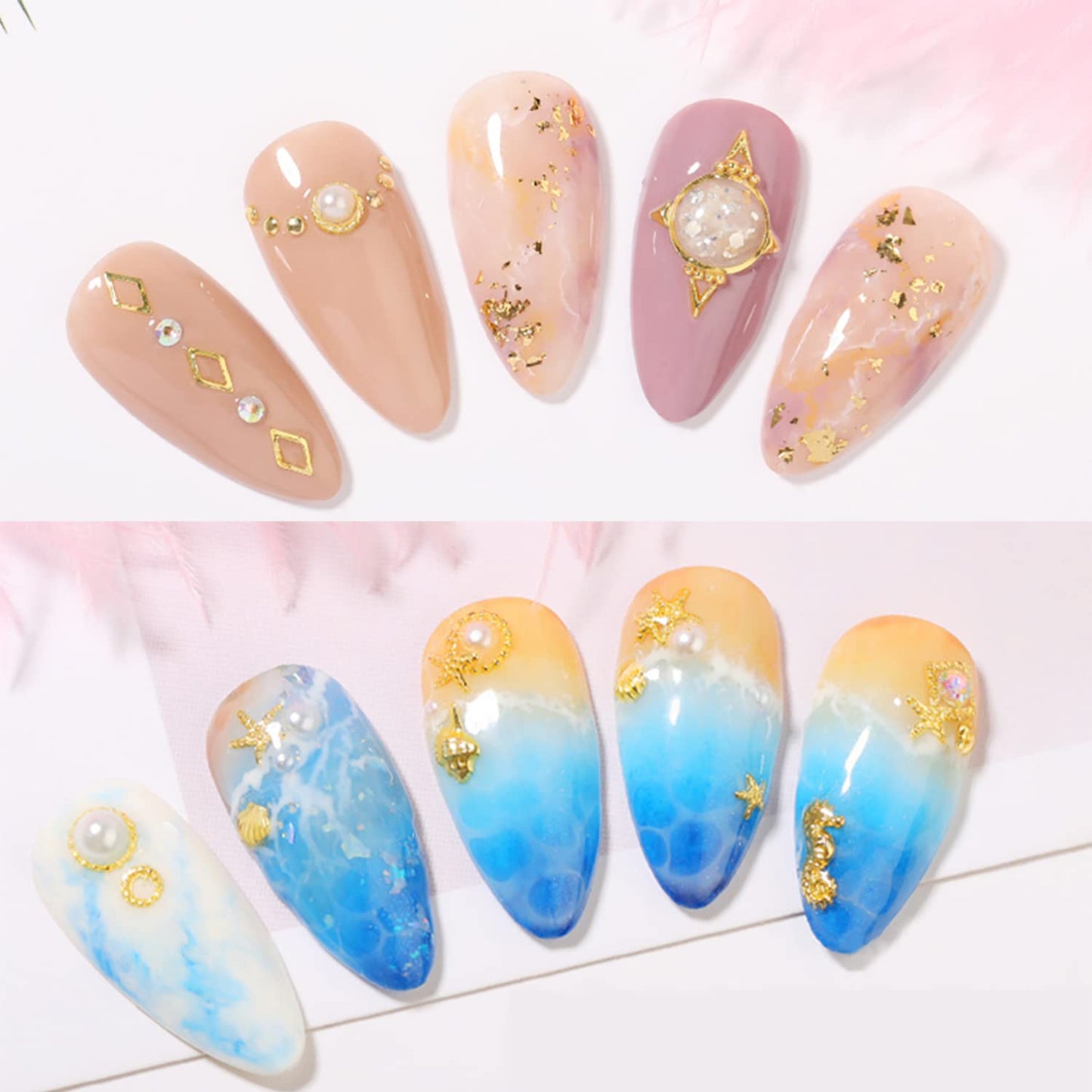 Twelve compartment storage wheel with rotating lid filled with golden mermaid theme nail accessories