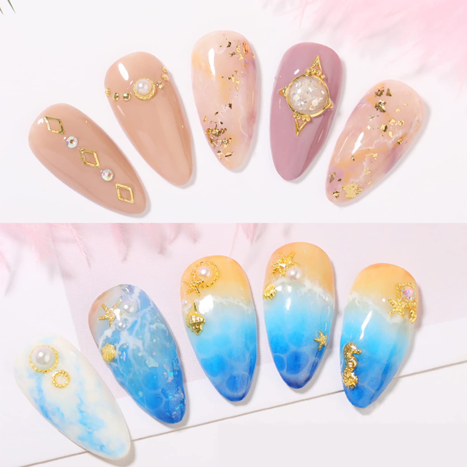 Twelve compartment storage wheel with rotating lid filled with golden mermaid theme nail accessories