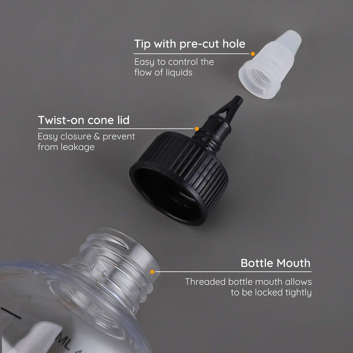 Close up view of the fluid ounce and milliliter graduated measurement scales on plastic bottle