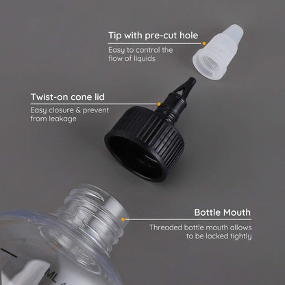 Close up view of the fluid ounce and milliliter graduated measurement scales on plastic bottle