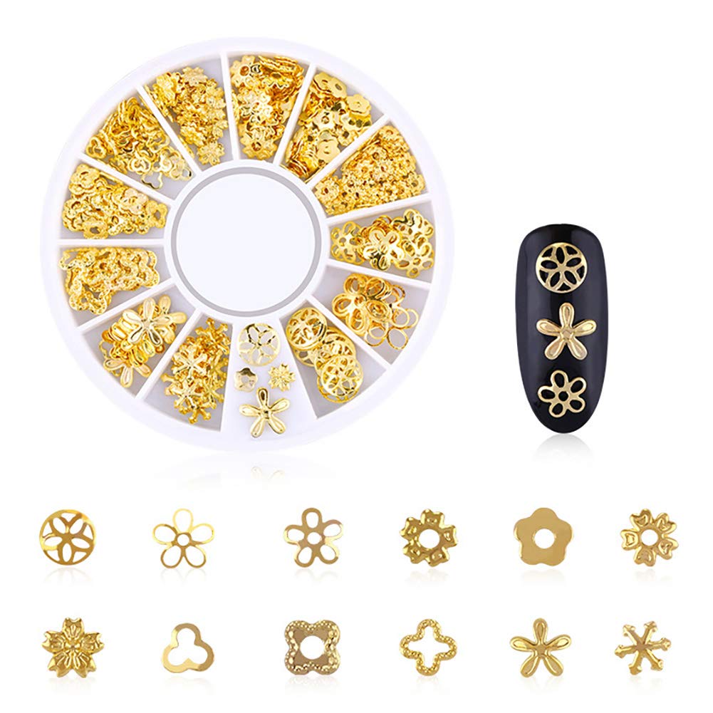 Close up look at individual gold metal nail rivets and mixed geometric shapes
