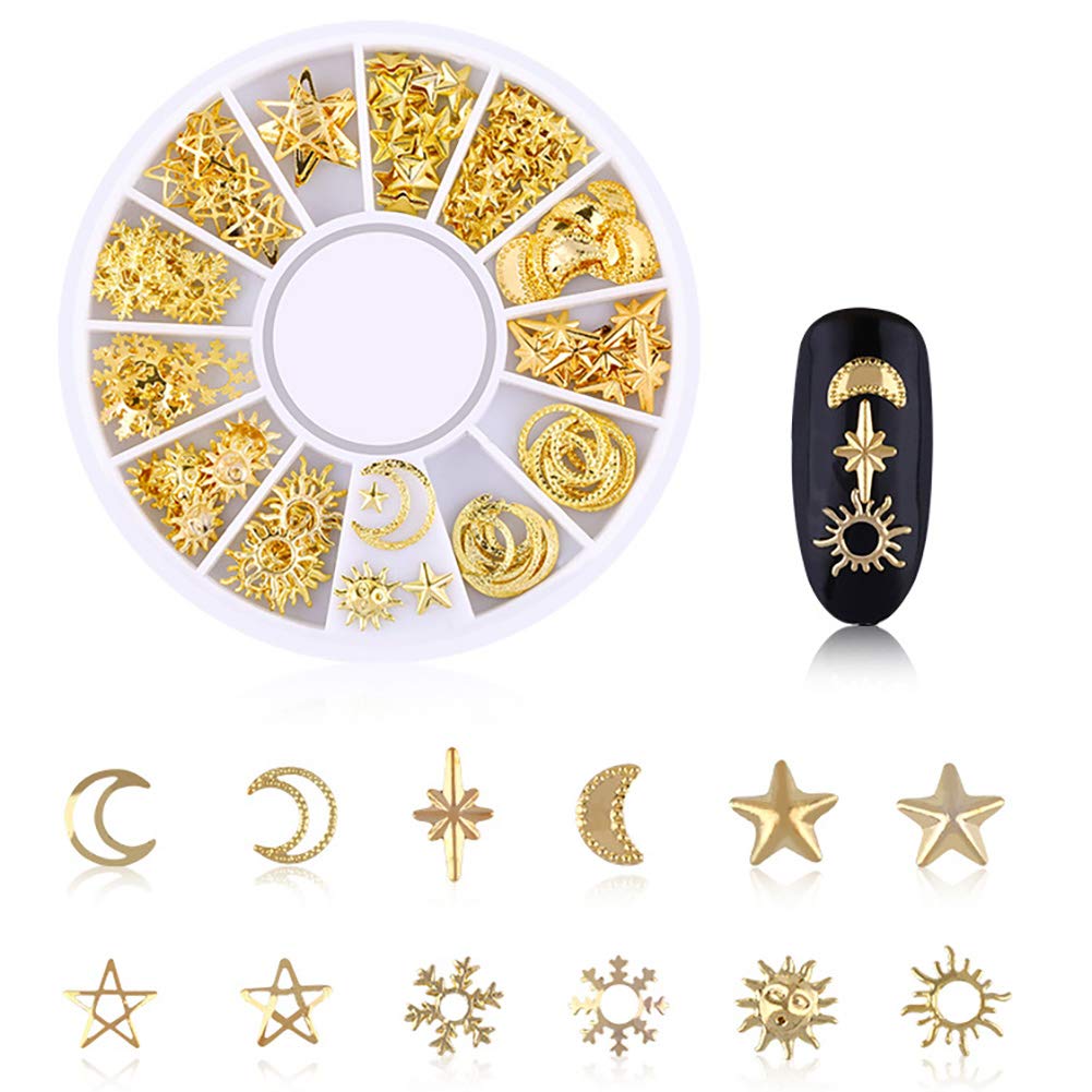 Premium gold toned 3d nail charms arranged inside a clear rotating storage wheel