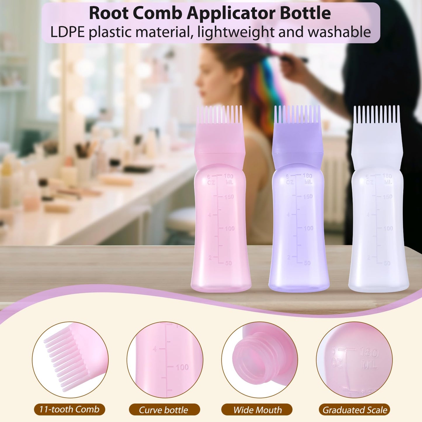 Close up view of the hollow teeth comb cap on the Dymoece hair oiler bottle.