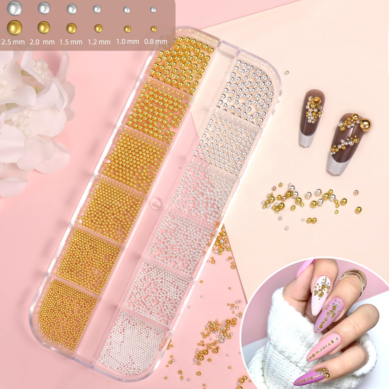 Close up of Cesusme gold and silver nail art metallic studs