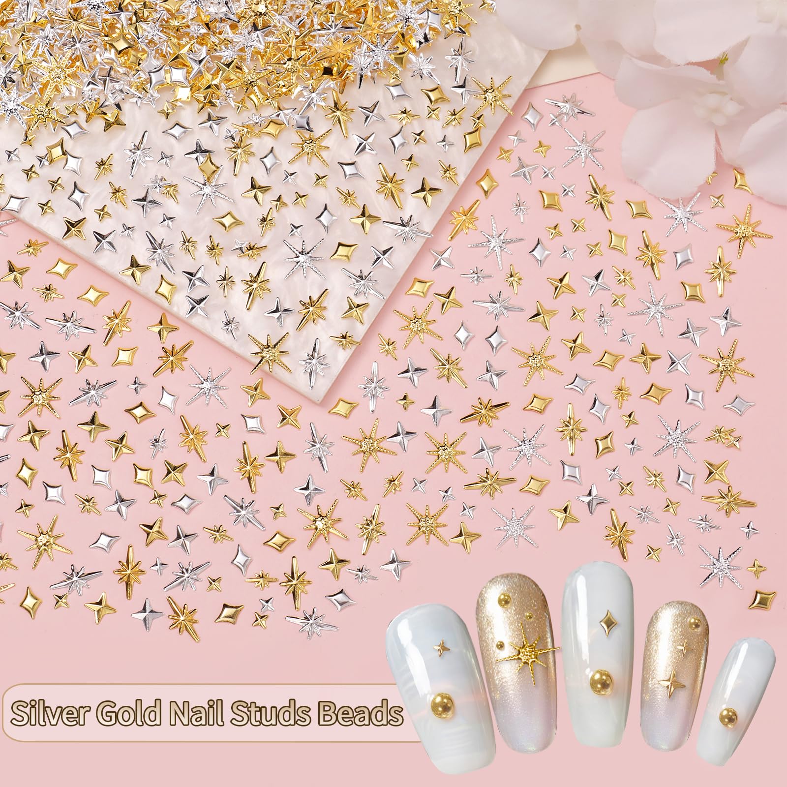 Detailed view of Cesusme star and cross metal nail art studs