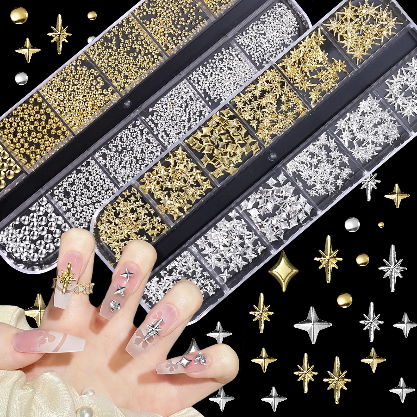 Six sizes of gold and silver steel micro caviar beads arranged neatly inside a clear organizer container