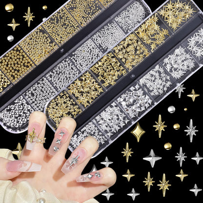 Six sizes of gold and silver steel micro caviar beads arranged neatly inside a clear organizer container