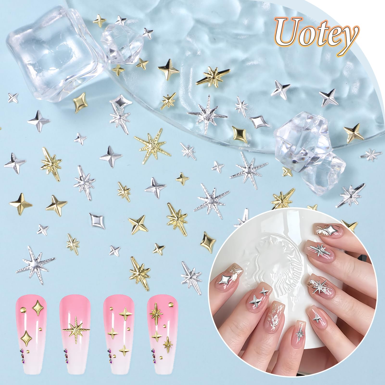 Close up view of intricate gold star charms applied neatly onto an elegant gel manicure design