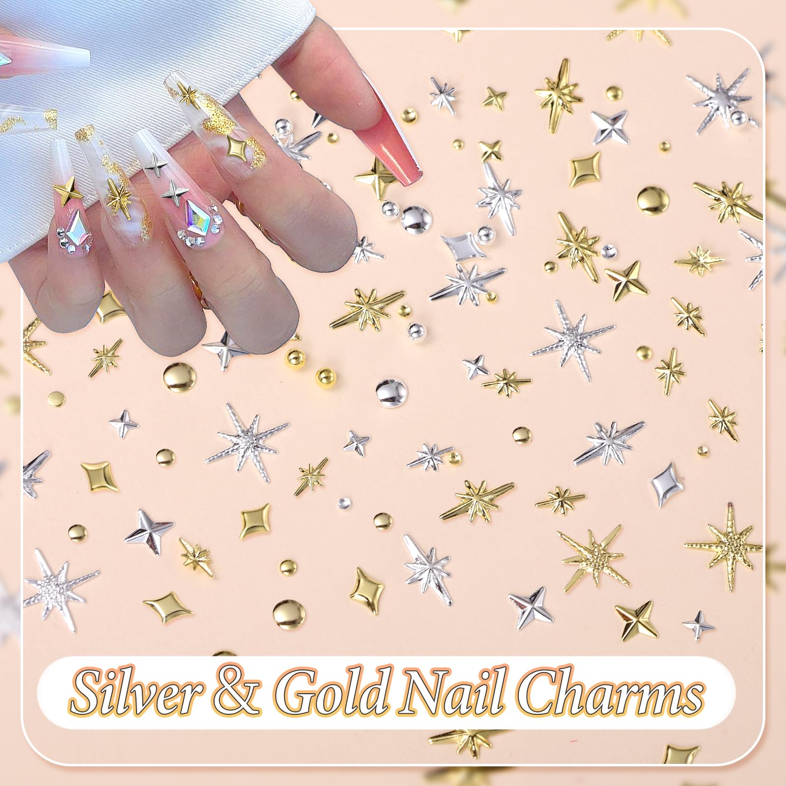 Uotey nail art decoration kit showing various sizes of hollow semicircle studs and round steel beads