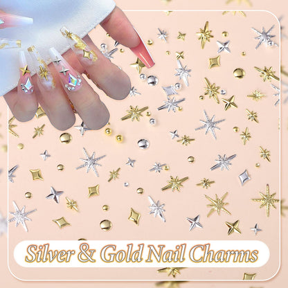 Uotey nail art decoration kit showing various sizes of hollow semicircle studs and round steel beads