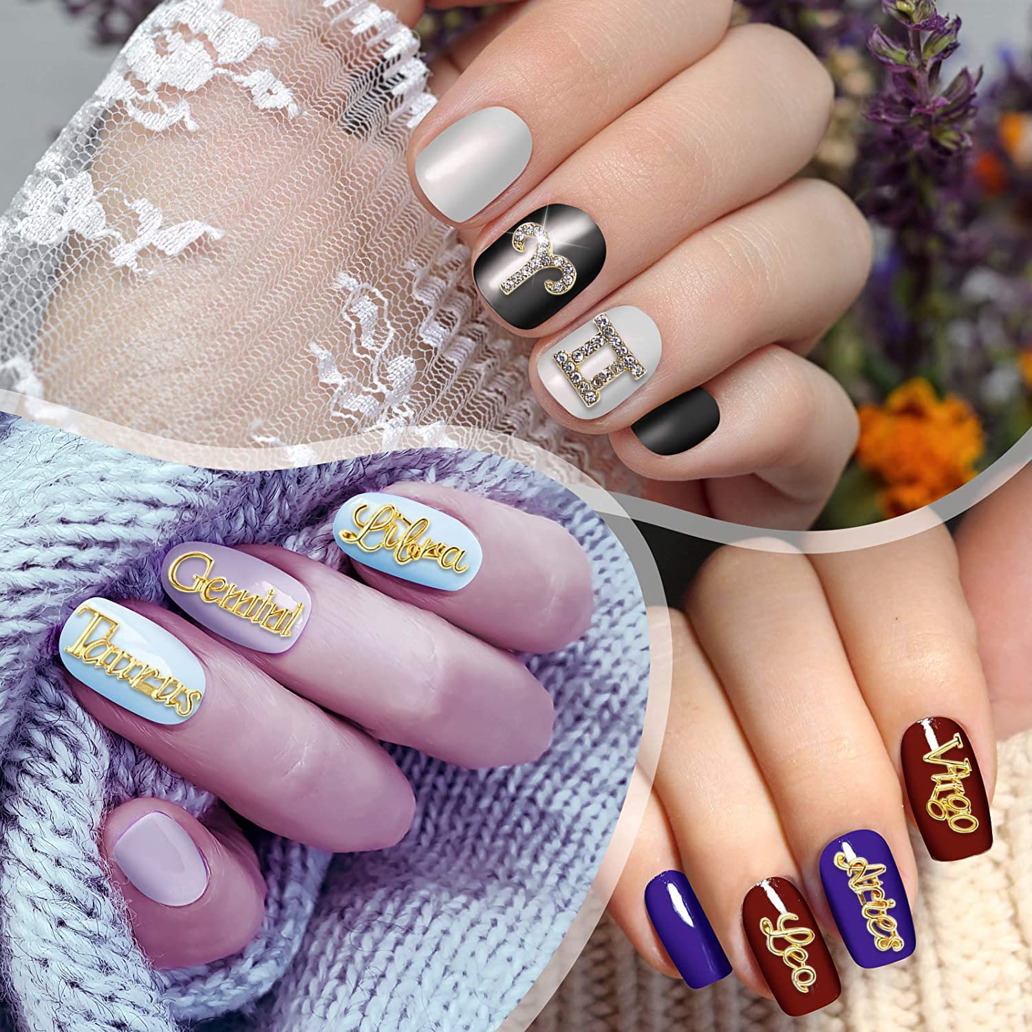 Silver alloy zodiac symbols for nail art displayed to show the individual 3D letter charms and rhinestone detailing.