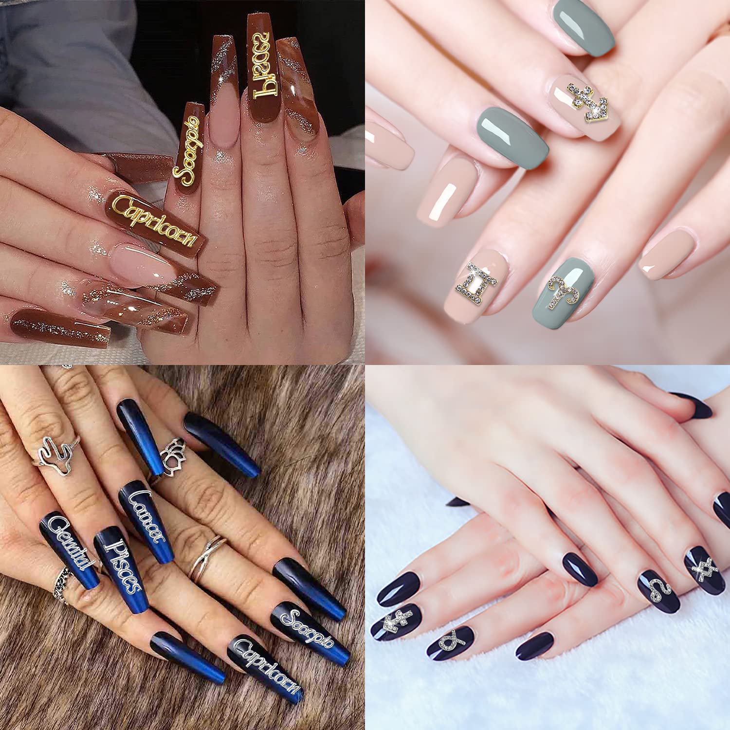 Demonstration of a zodiac charm applied smoothly onto a long acrylic nail using clear top coat gel.