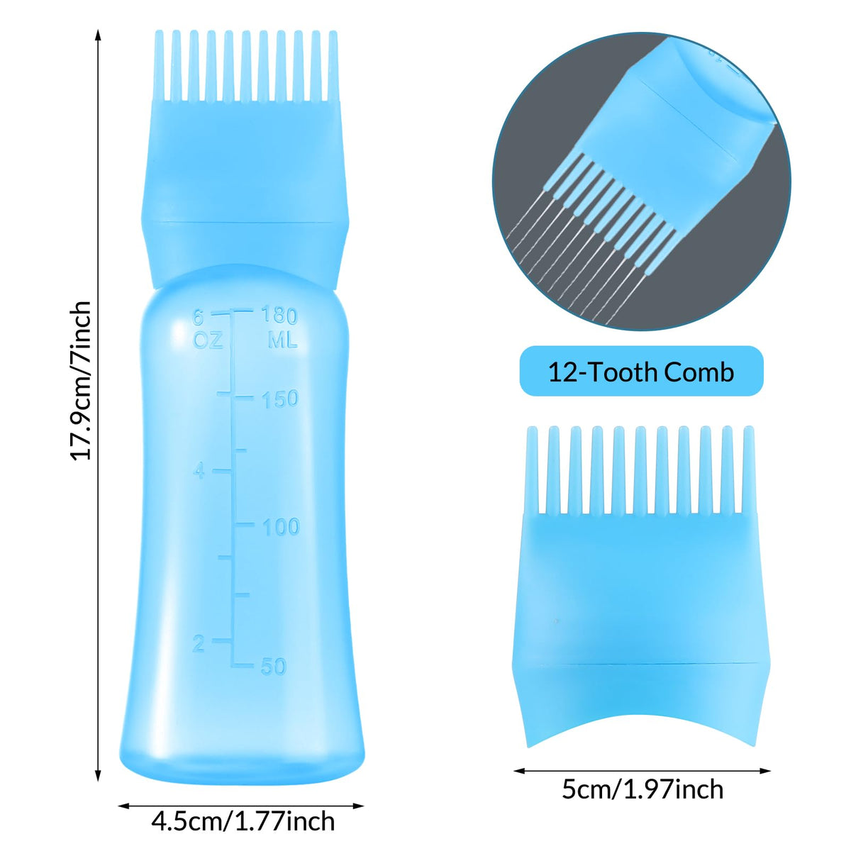 Hair oil applicator bottle for scalp showing the hollow massage comb teeth