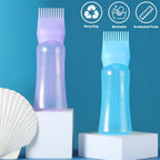 Two pack hair oiling bottles in purple and blue showing ergonomic curved design